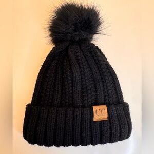 C.C Black Knit Outerwear Beanie with Pom